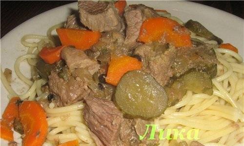 Beef stew with pickled cucumber and carrots