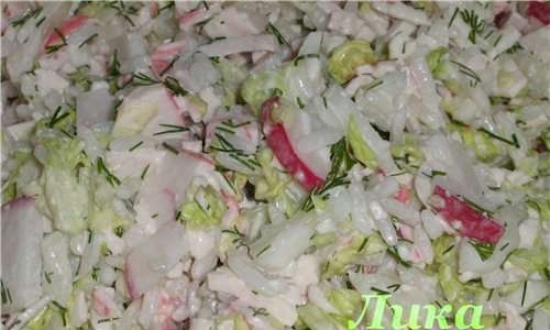 Crab stick salad with rice and Chinese cabbage
