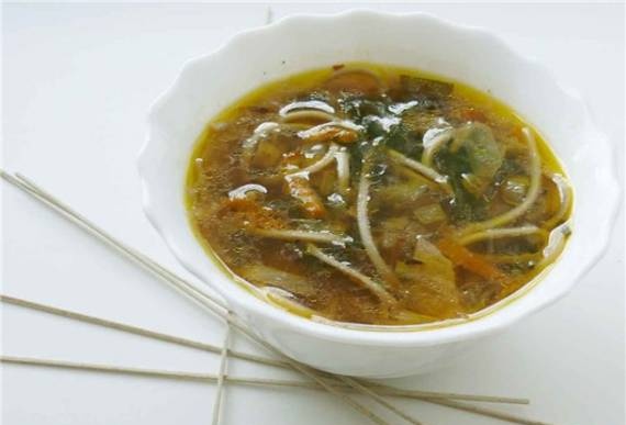 Soup a la miso with buckwheat noodles "Haiku seaweed"