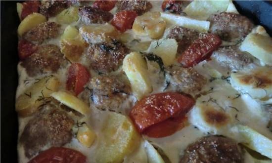 Casserole with potato cutlets and cherry tomatoes.