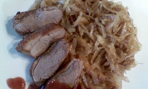Duck breasts with Madeira sauce and spicy cabbage