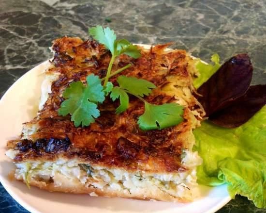 Cabbage cake with smoked brisket, feta cheese and herbs