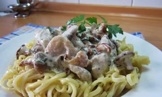 Chicken fillet in a creamy sauce with chanterelles