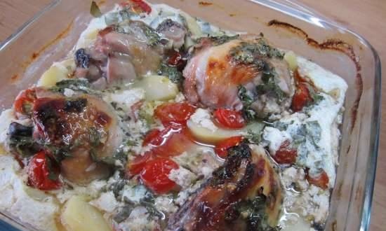 Chicken marinated in kefir, baked with vegetables
