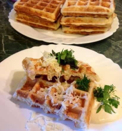 Thick meat waffles with feta cheese and herbs