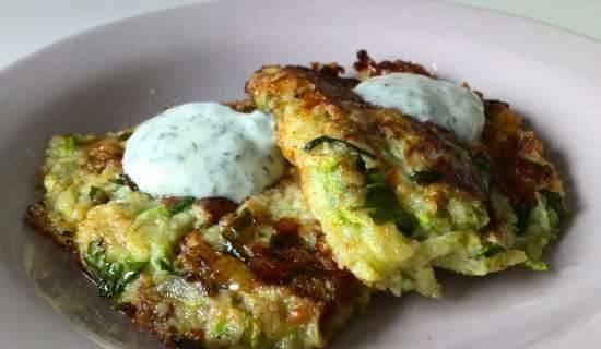 Zucchini pancakes with mint sauce