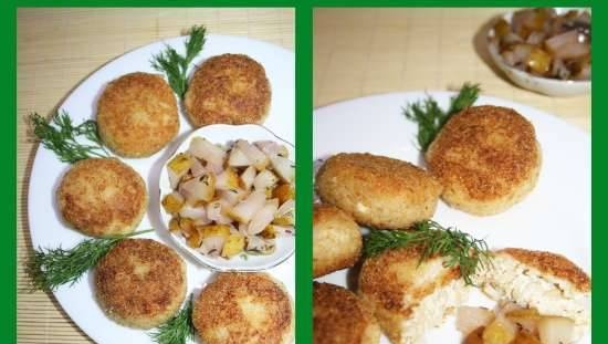 Cheese risotto cutlets with warm spicy pears