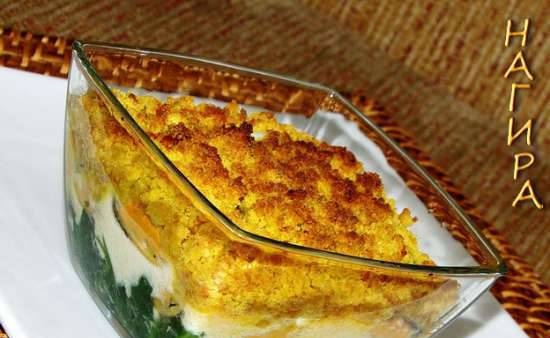 Mussels with spinach and nut streusel
