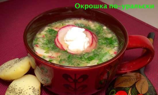 Ural okroshka with smoked cod and sauerkraut