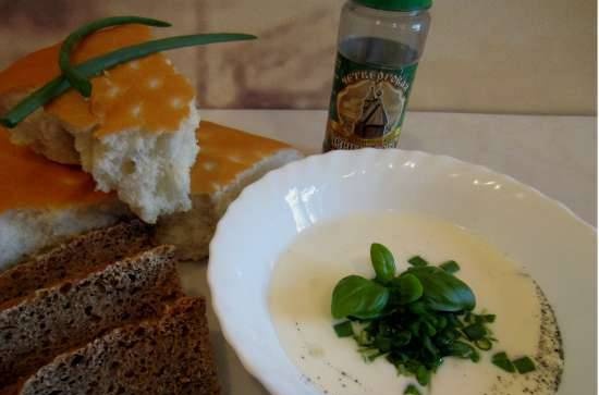 Cold goat yogurt soup with black salt and herbs