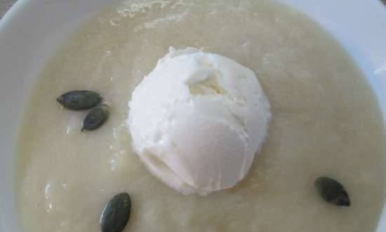 Apple puree soup with sour cream ice cream