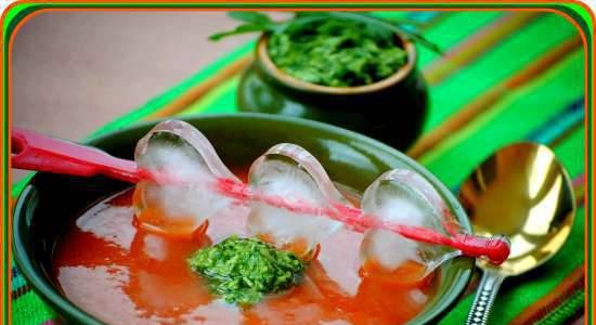 Cold tomato soup with arugula pesto