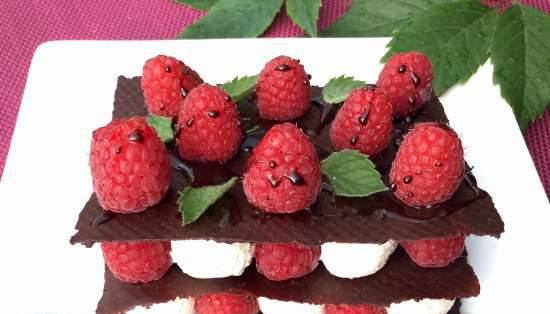 Chocolate milfey with ice cream and raspberries
