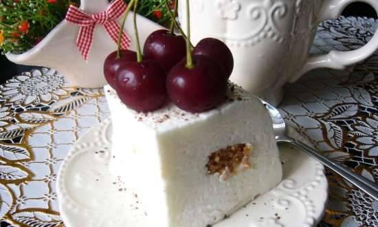 Creamy curd soufflé with almond cookies and cherries