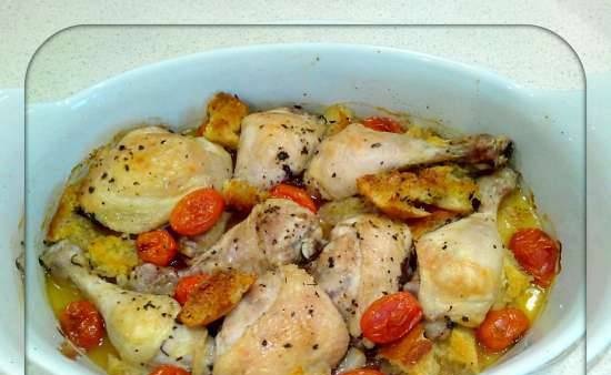 Oven baked chicken with ciabatta and tomatoes