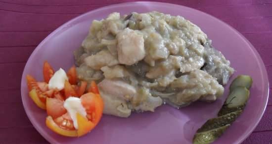 Chicken breast with eggplant and mushrooms, stewed in cream