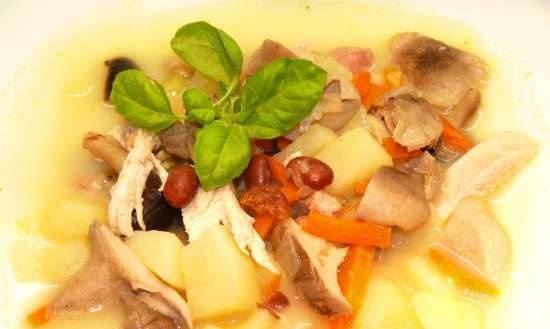 Mushroom soup with smoked meats, beans and chicken breast