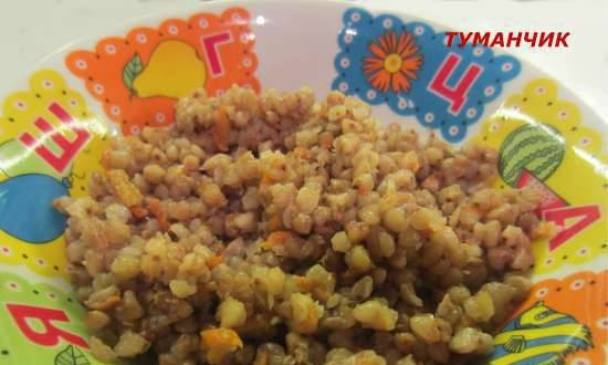 Loose buckwheat with green buckwheat vegetables in a multicooker-pressure cooker
