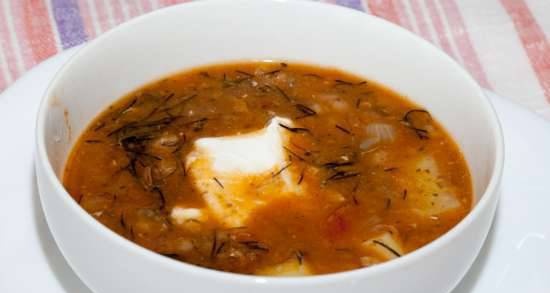 Sprat soup in tomato and pearl barley