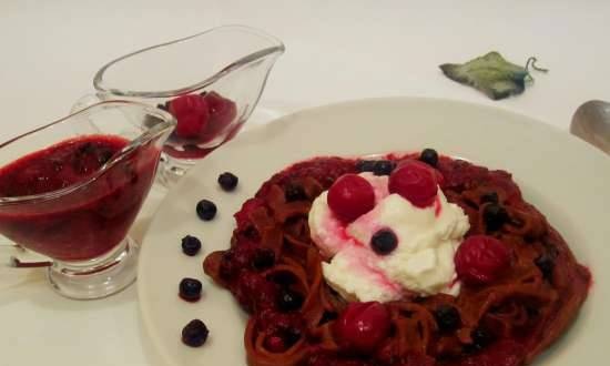 Chocolate noodles with berry sauce