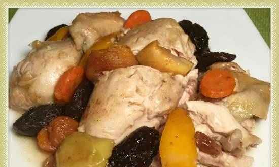 Stewed chicken stuffed with dried fruits on cognac in a slow cooker Russel Hobbs (3.5 l)