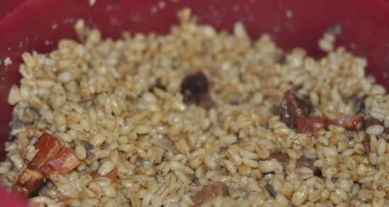 Pearl barley porridge with meat and mushrooms in TupperKuk (pressure cooker for microwave oven)