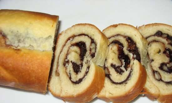 Roll on yeast dough with walnuts and cocoa