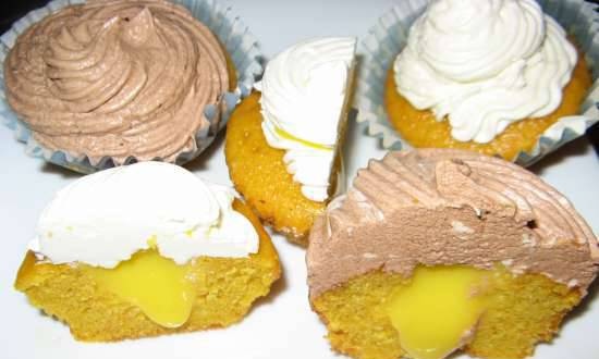 Carrot cupcakes with lemon curd and two types of cream