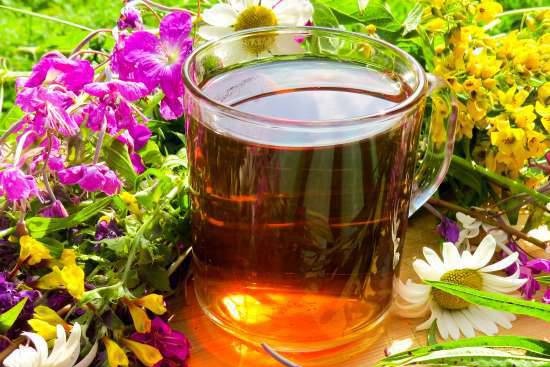 תערובת תה של איוואן-תה עם עלים של צמחי גן ואלמון