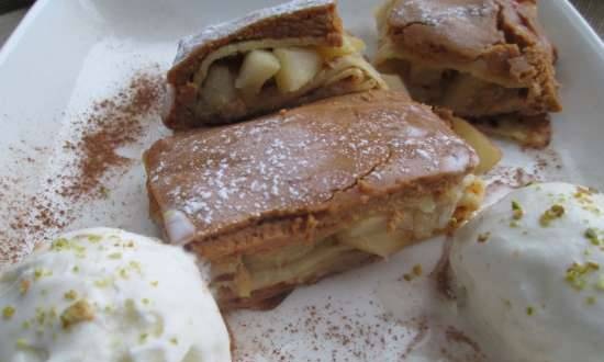 Pancakes with apples baked with curd sauce