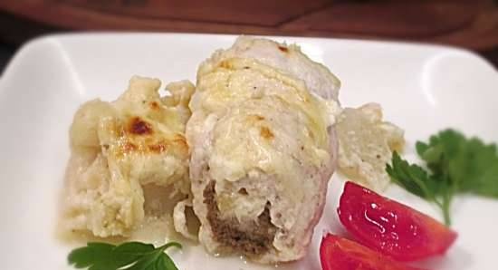 Chicken breast rolls with liver and Bechamel sauce