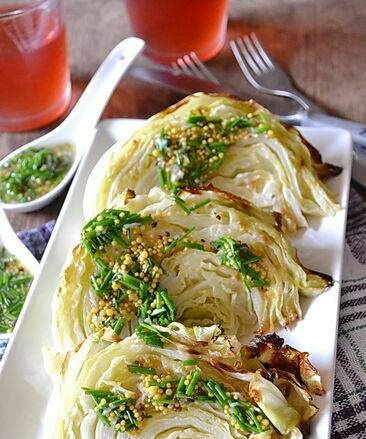 Young cabbage with mustard sauce, baked in the oven