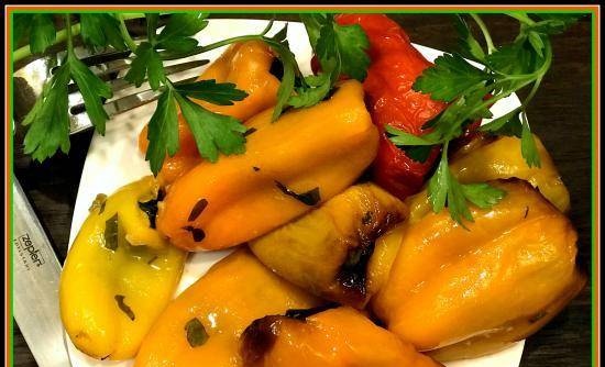 Marinated mini peppers stuffed with parsley and baked in an air fryer