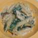 One Pot: pasta with chicken in a creamy sauce, pesto, spinach, sun-dried tomatoes