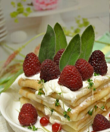 Pancake millefeuil with cottage cheese and raspberries, gluten-free