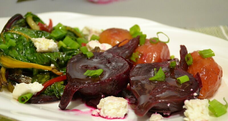 Salad with beets, pickled plums and fermented chard "For Georgian reasons"