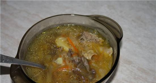 Meat cabbage soup with dried mushrooms
