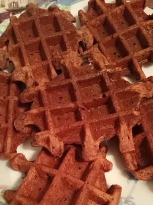 Healthy curd-chocolate thick waffles with prunes and starch-free flour