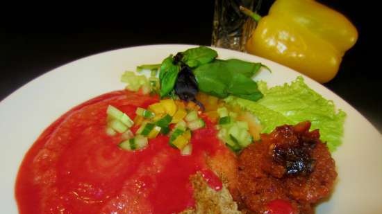 Spicy gazpacho with spicy ice cream and vegetable tartare