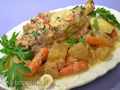 Turkey wing with turnips and carrots, in creamy wine sauce