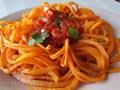 Sweet potato spaghetti with red pepper sauce