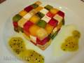 Fruit salad with mozzarella Rubik's cube with condensed milk and fruit sauce