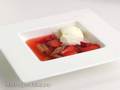 Rhubarb consommé with strawberries and black elderberry sorbet