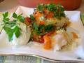 Steamed cod, under a vegetable coat with pumpkin